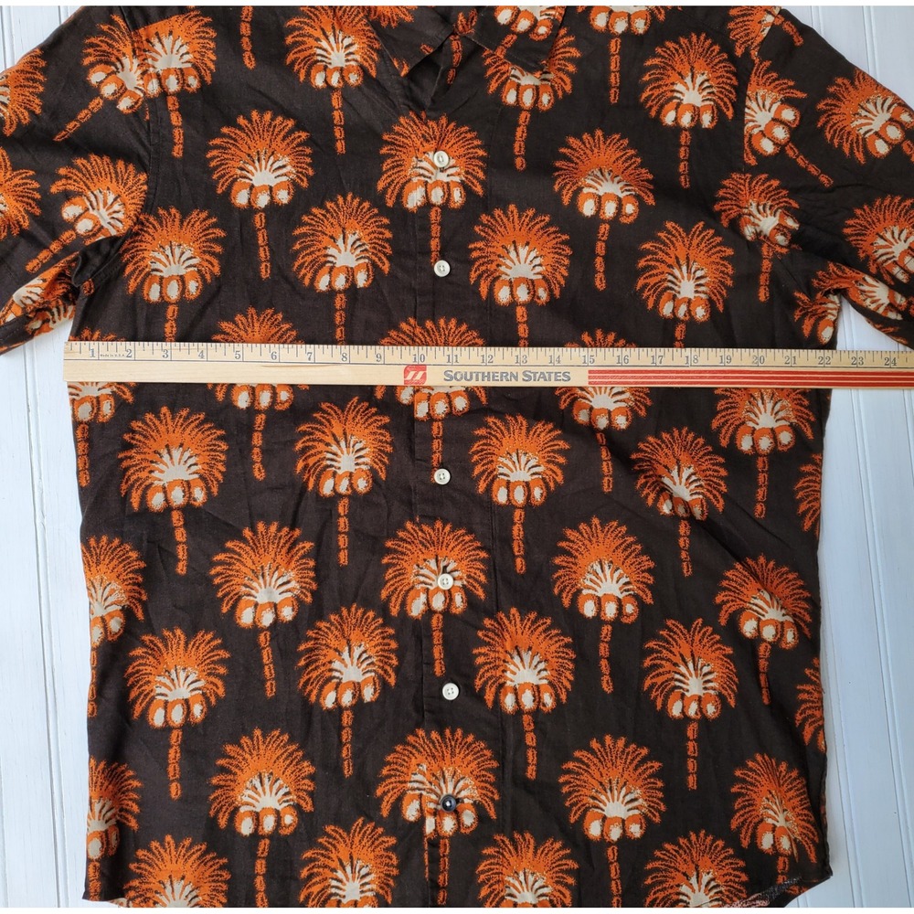 Taylor Stitch Mens 42 Brown Orange Palm Tree Print Cotton Linen Button Down - Picture 4 of 6